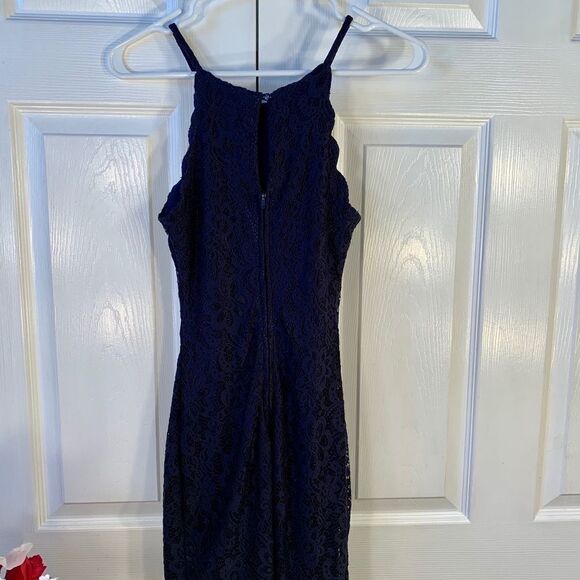 NAVY BLUE STRETCH LACE SPAGHETTI STRAP DRESS SIZE 1 - Picture 4 of 5